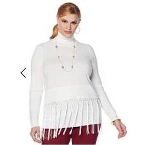DG2 by Diane Gilman - Fringe Fully Fashioned Turtleneck Blouse - Ivory, XL